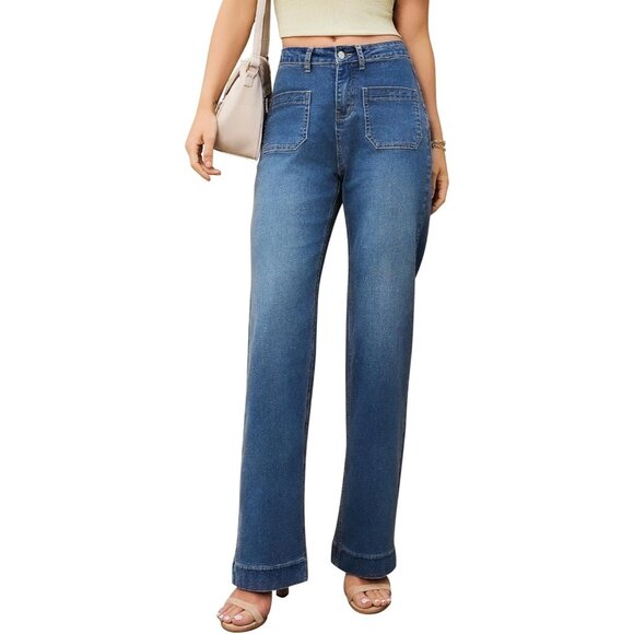 Denim - Wide Leg Jeans Women High Waist Vintage Hem Stretchy Straight Pockets